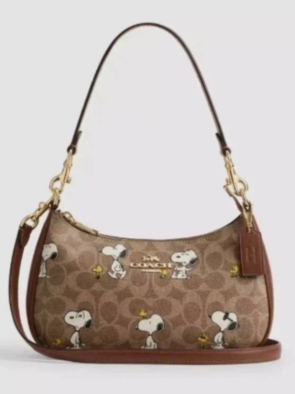 COACH x PEANUTS Teri Shoulder Bag Tan Brown Snoopy Print Signature Canvas CBJ88